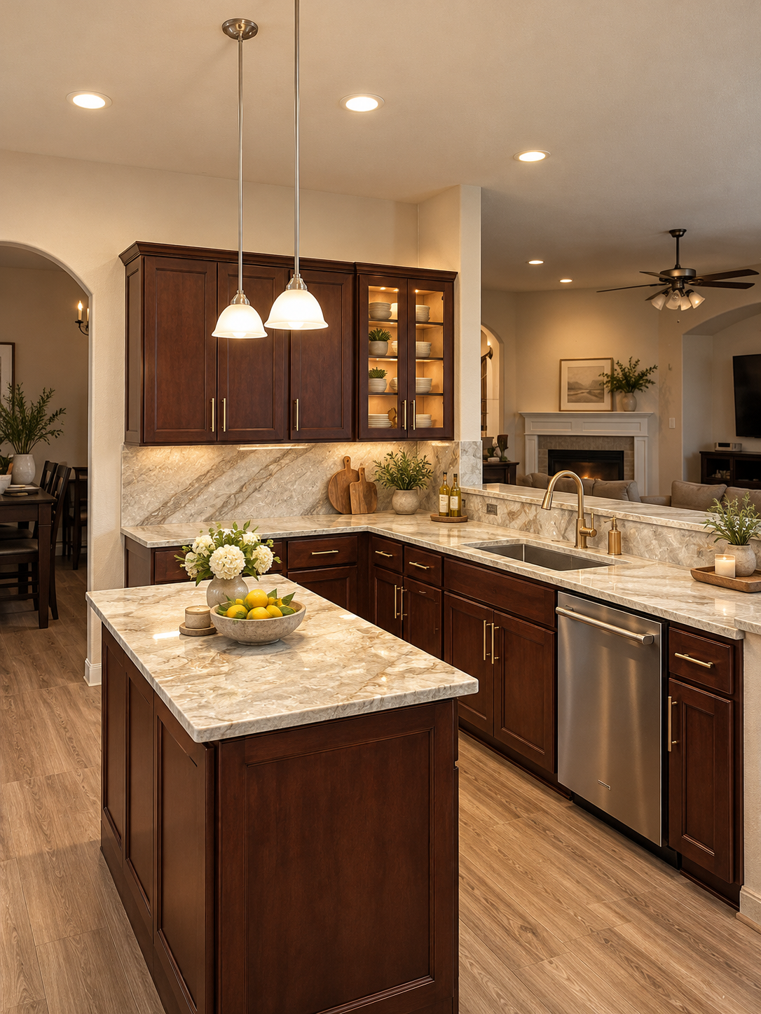 Dark quartz kitchen countertops with cherry wood cabinetry, Houston