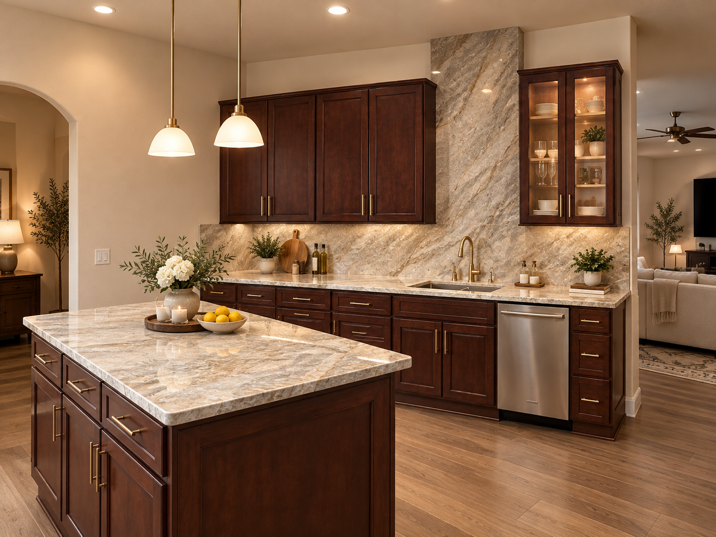 Quartz island countertop with dark wood cabinets and open-plan living, Houston