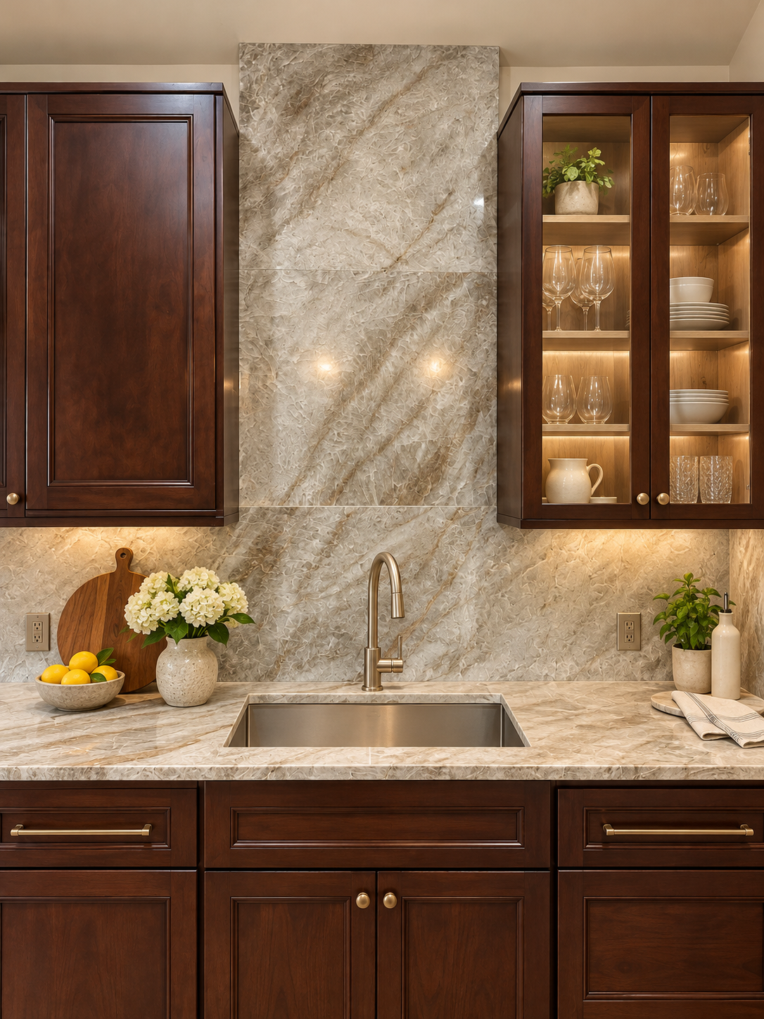 Quartz countertop with full-height stone backsplash at kitchen sink, Houston