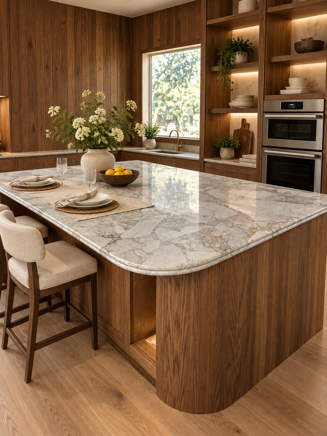 Quartz island with walnut cabinetry and pendant lighting, Houston
